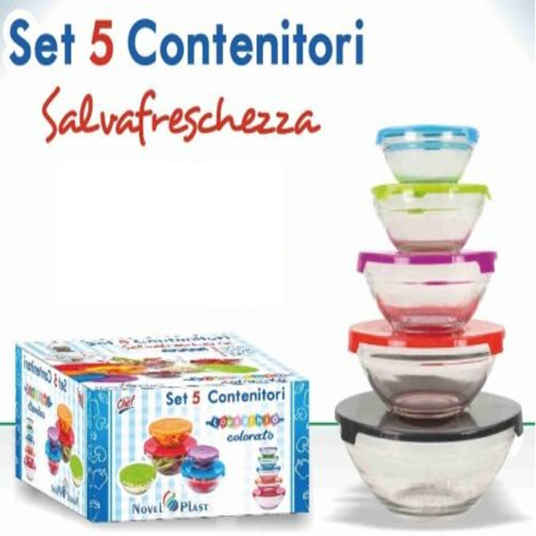 foto del prodotto trade shop set di 5 contenitori frigo vetro per alimenti con coperchio colorato 