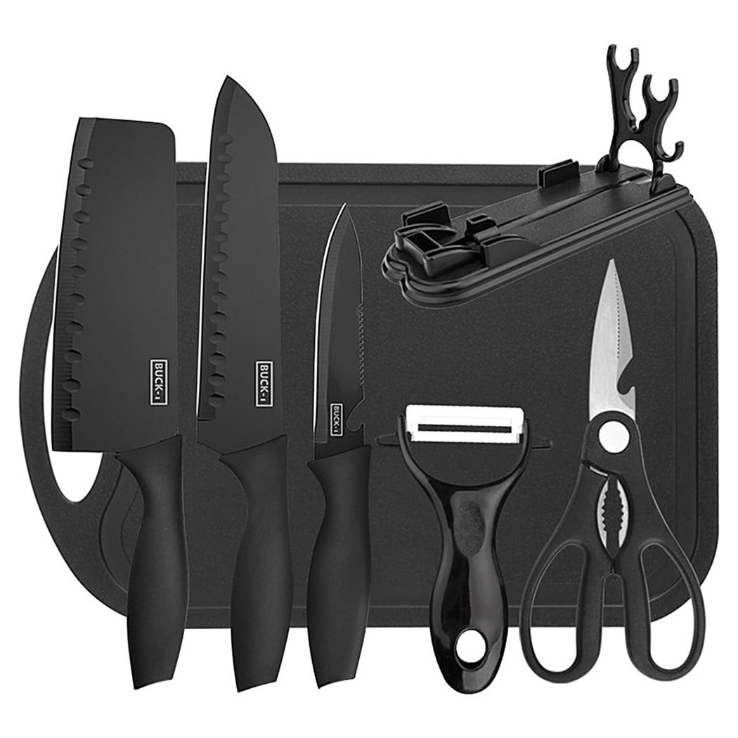 foto del prodotto trade shop set di 7pz coltelli da cucina professionali chef forbici pelapatate acciaio nero 