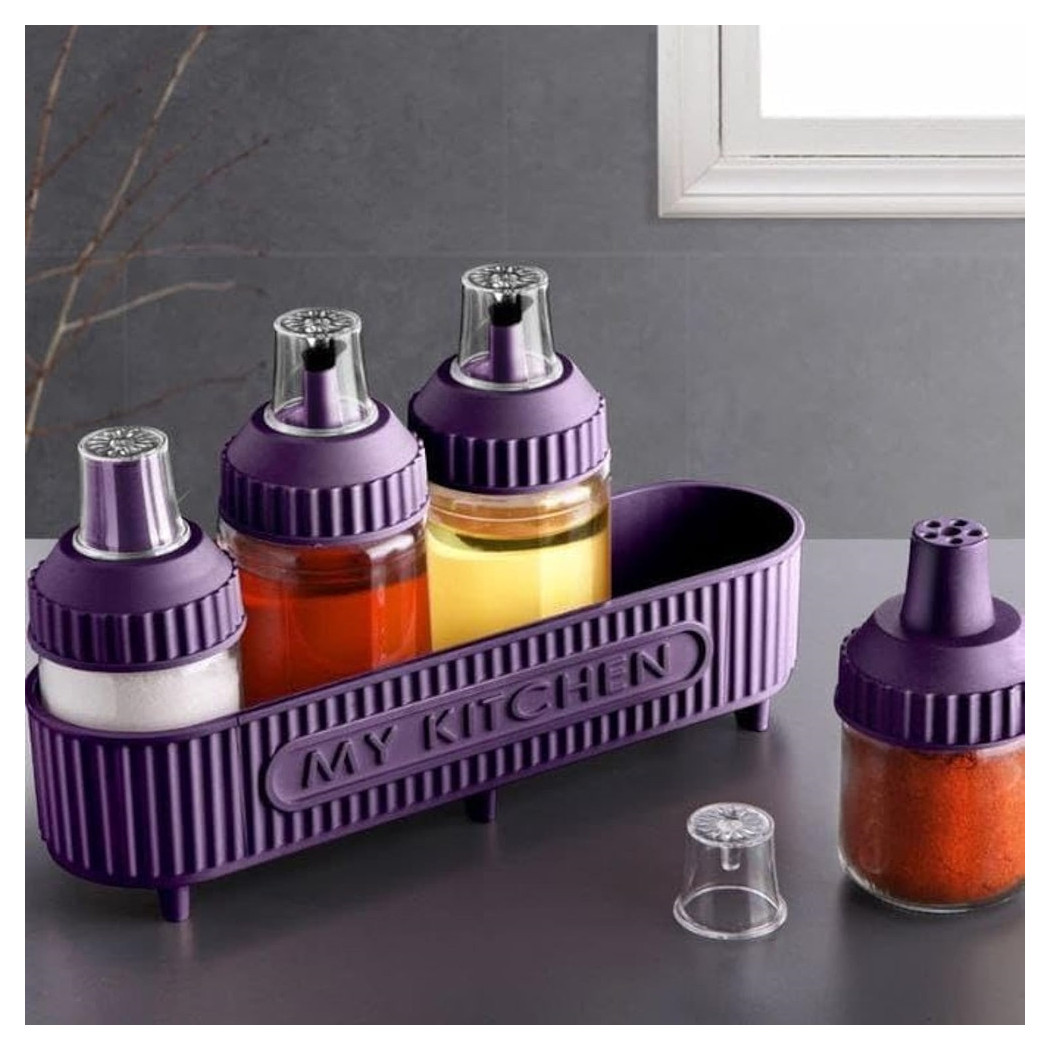 foto del prodotto trade shop set di contenitori spezie oli con stand viola 5pz cucina per conservare cucinare condire 