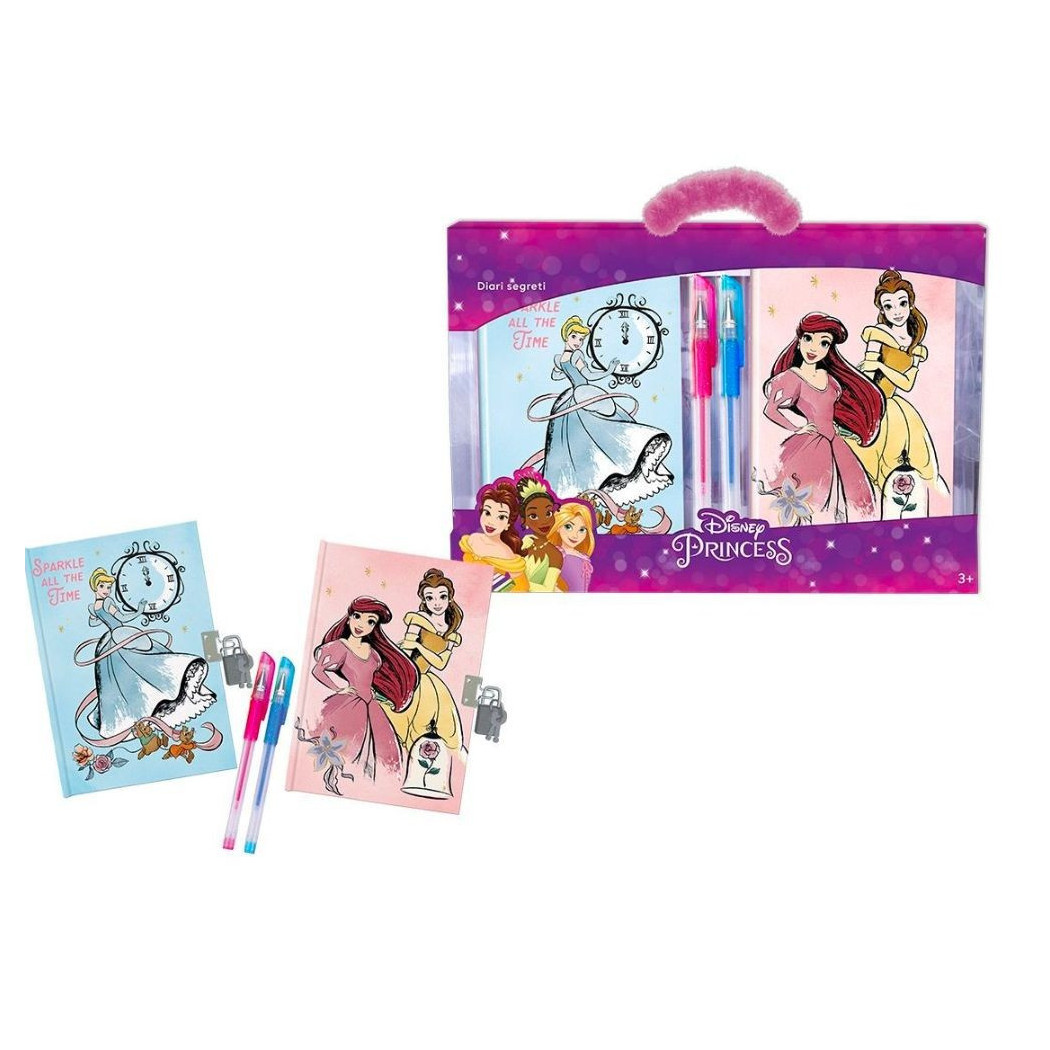 foto del prodotto trade shop set diari segreti principesse disney lucchetto chiavi penne glitterate colorate 