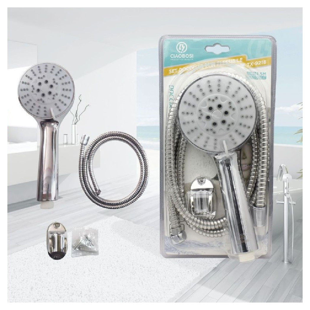 foto del prodotto trade shop set doccetta soffione doccia con tubo flessibile 1.5 metri staffa bagno tx 9218 