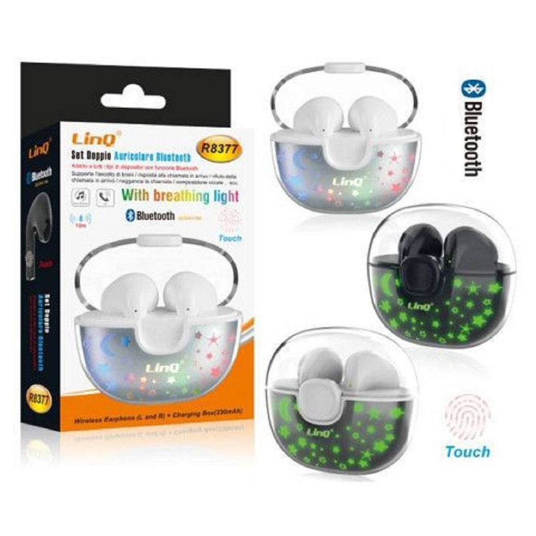foto del prodotto trade shop set doppio auricolare cuffie bluetooth luce led rgb touch box base ricarica r8377 