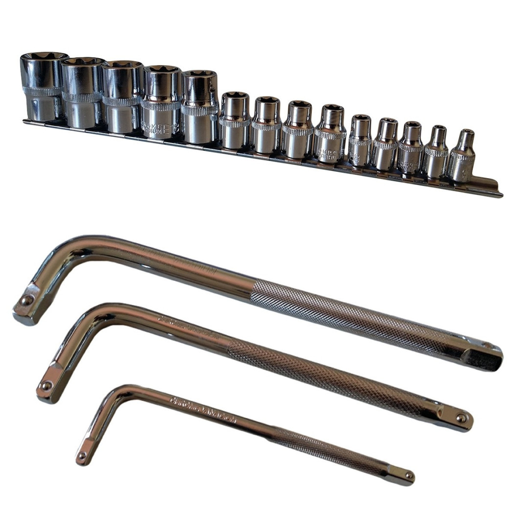 foto del prodotto trade shop set kit 14 chiavi a bussola torx millerighe 1 2 quot 1 4 quot 3 8 quot da 4 a 24 mm 3 chiavi l 