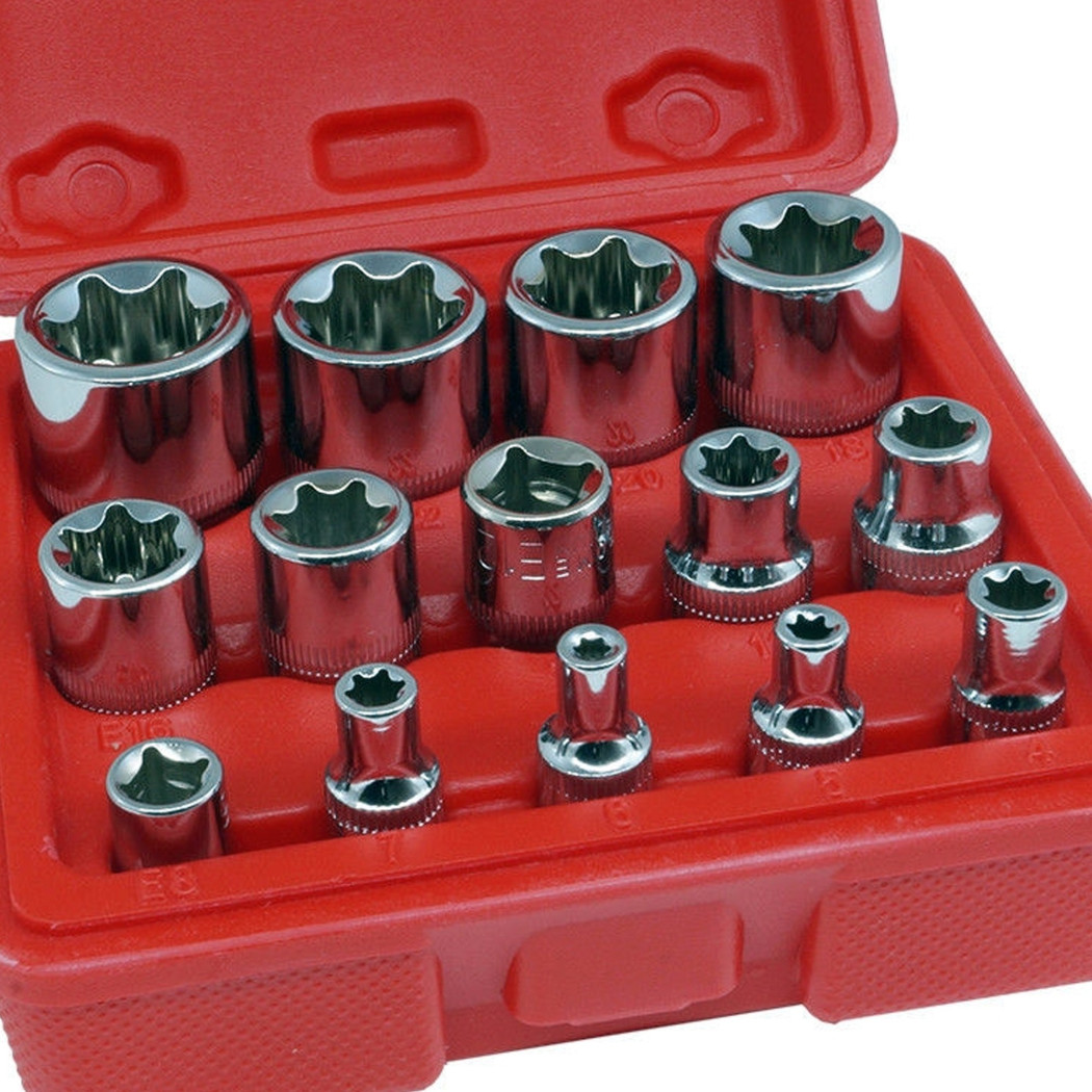 foto del prodotto trade shop set kit 14 pz chiavi a bussole torx in lega da 4 a 24 mm attacco 1 2 quot 1 4 quot 3 8 quot 