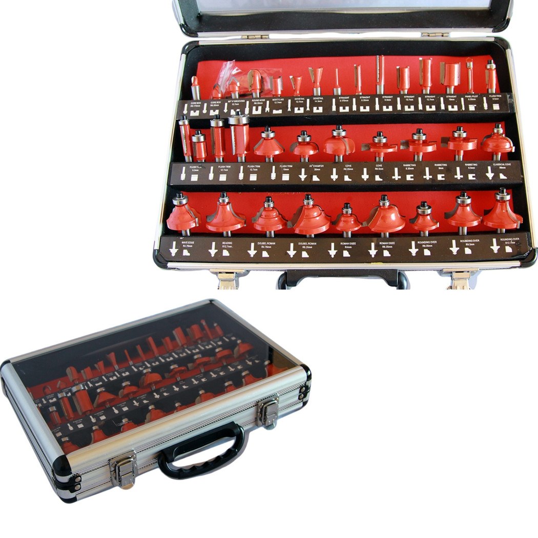 foto del prodotto trade shop set kit 35 pezzi frese per legno per pantografo in valigetta di alluminio 8mm 