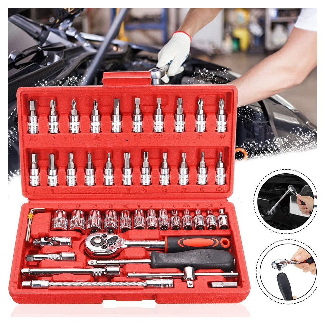 foto del prodotto trade shop set kit 46 pezzi chiavi a bussola con cricchetto 1 4 quot cacciavite esagonale tubo 