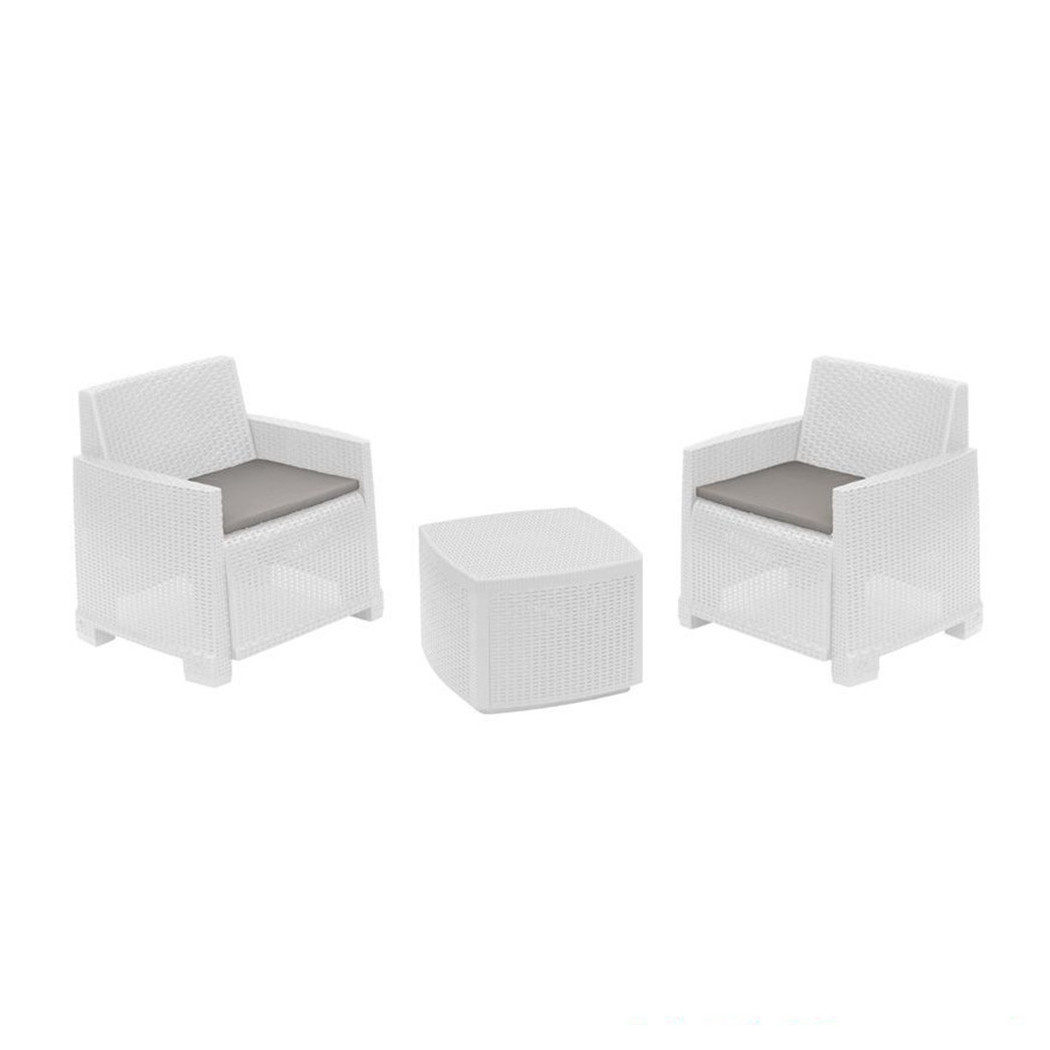foto del prodotto trade shop set salotto esterno con 2 poltrone tavolino contenitore effetto rattan cuscini giardino bianco