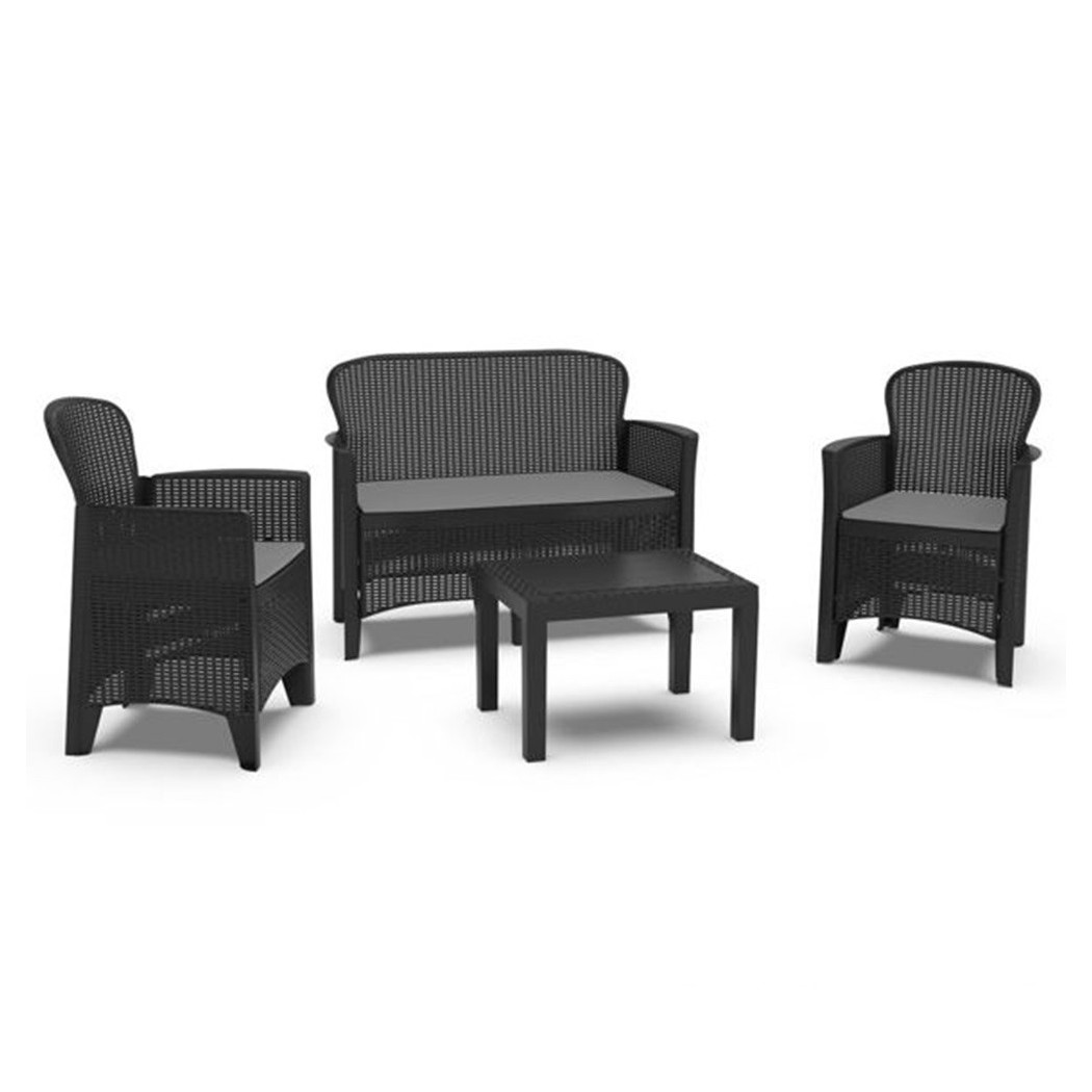foto del prodotto trade shop set salotto giardino divano 2 poltrone tavolino cuscini effetto rattan antracite 156043 