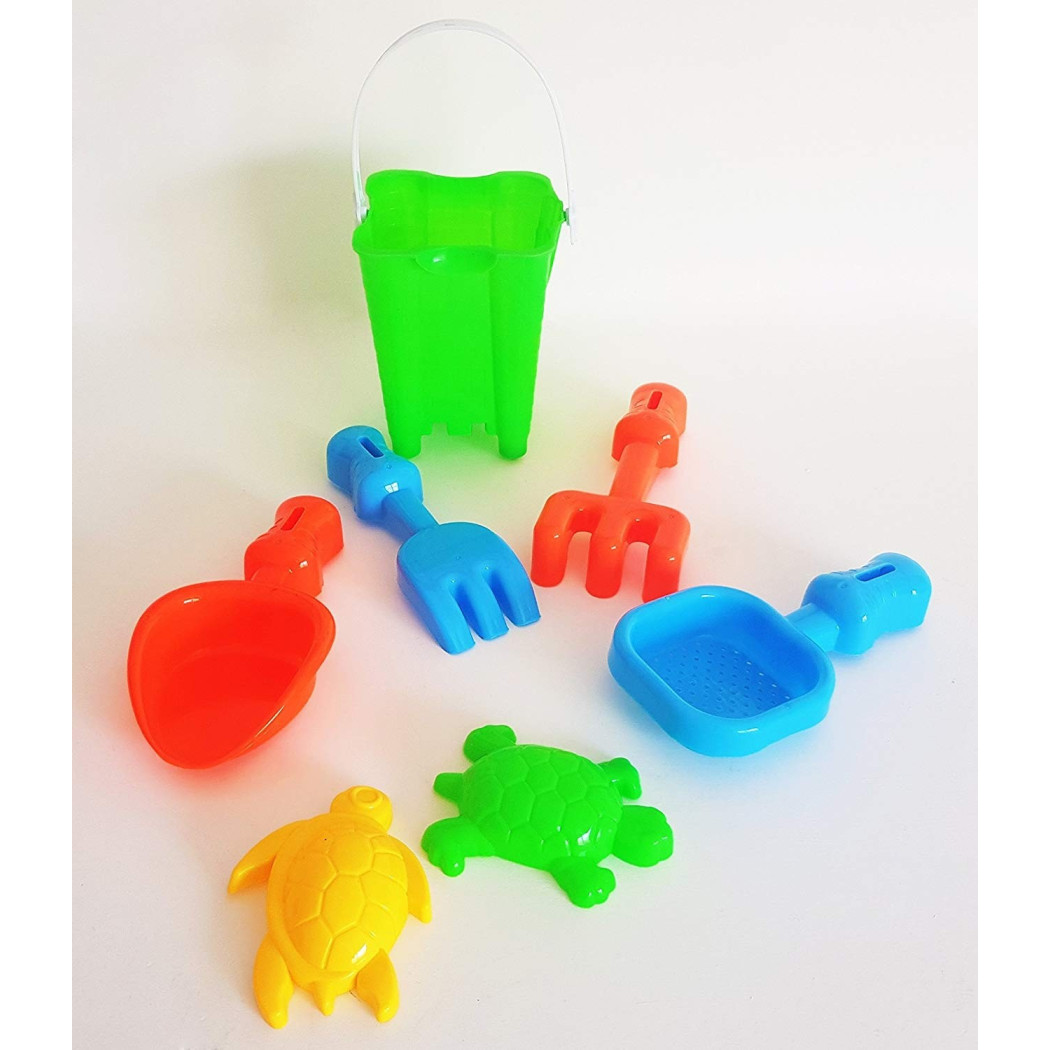 foto del prodotto trade shop set secchiello paletta rastrello formine setaccio sabbia gioco spiaggia mare bimbi 