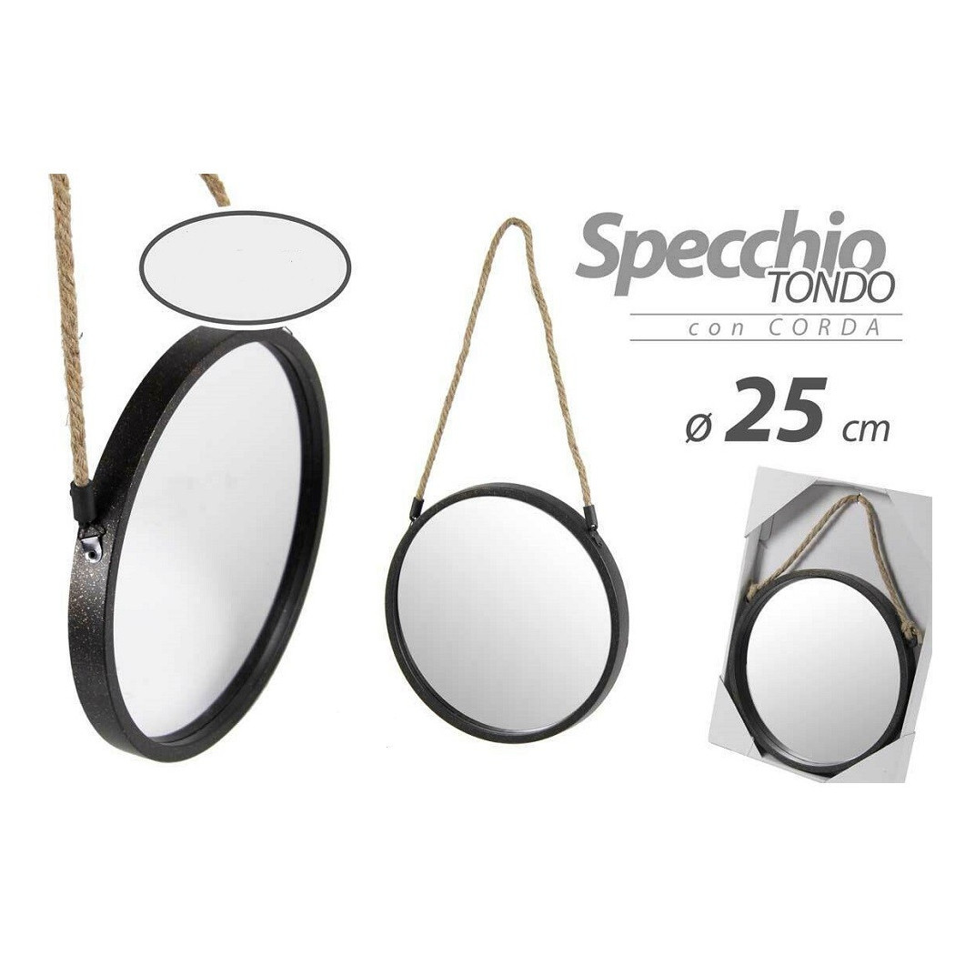 foto del prodotto trade shop - specchio 25 cm con corda specchiera parete tondo moderno nero in metallo 777042 -