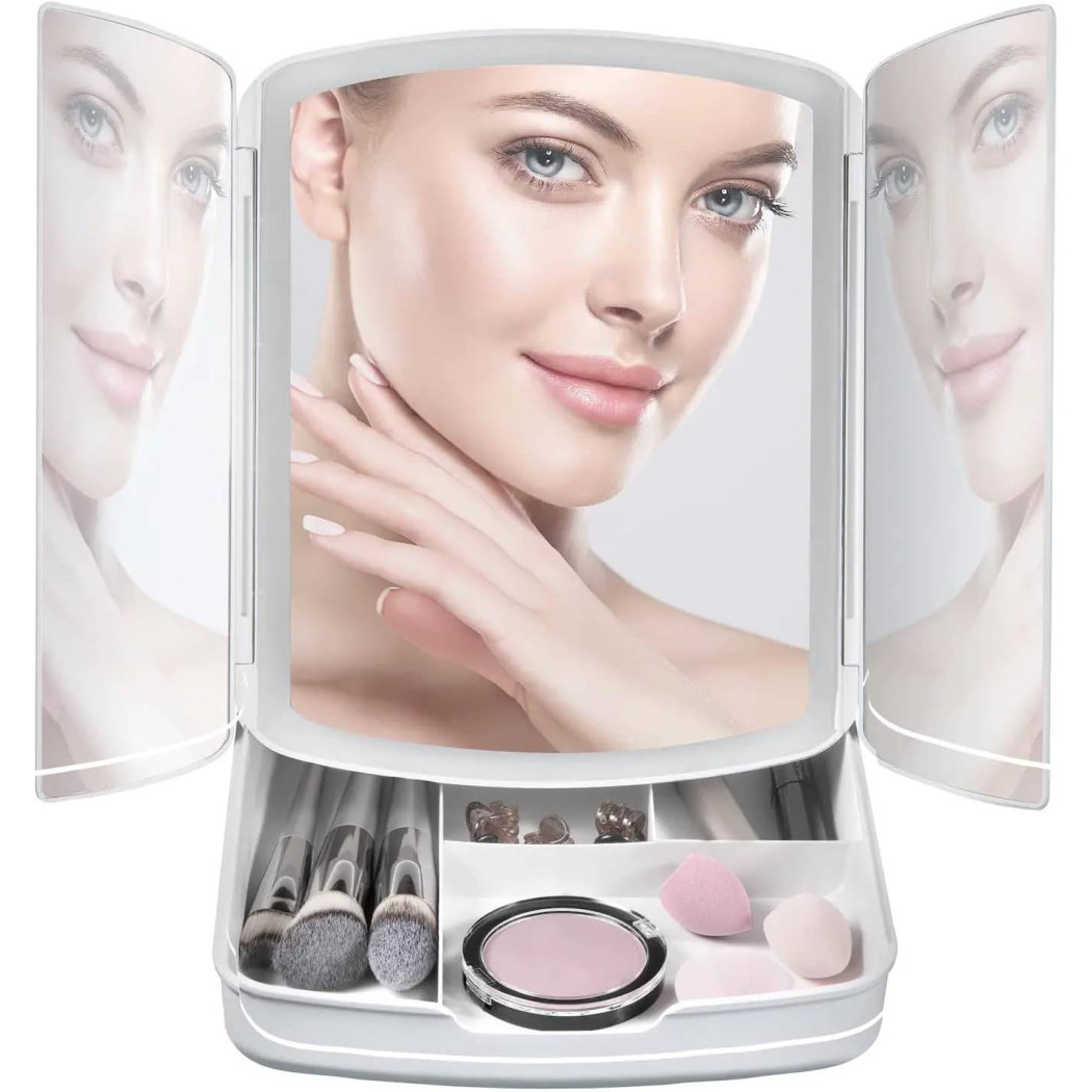 foto del prodotto trade shop specchio make up con luci a led e cassetti per trucco regolabile pieghevole away 