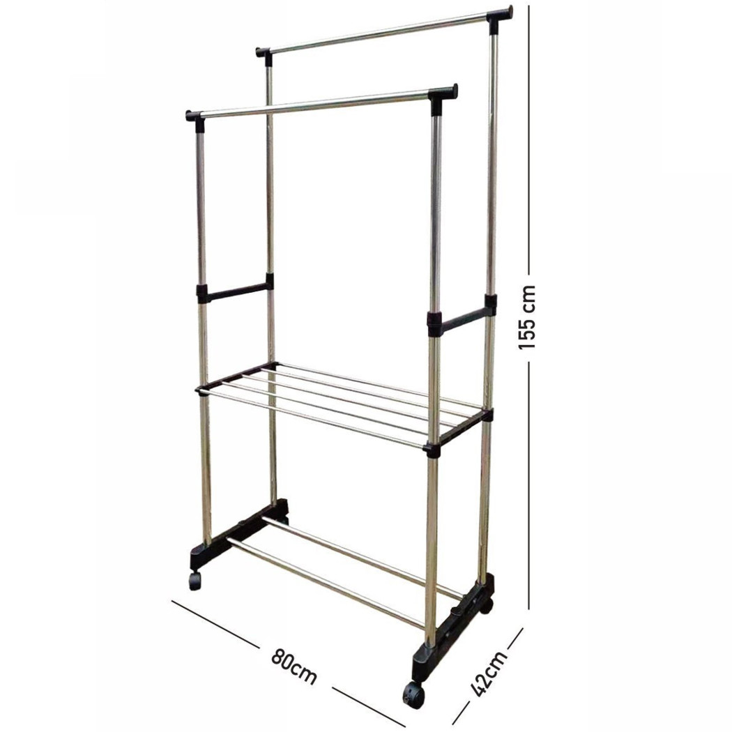 foto del prodotto trade shop stand appendiabiti doppio con ripiano base ruote aste telescopiche regolabile 
