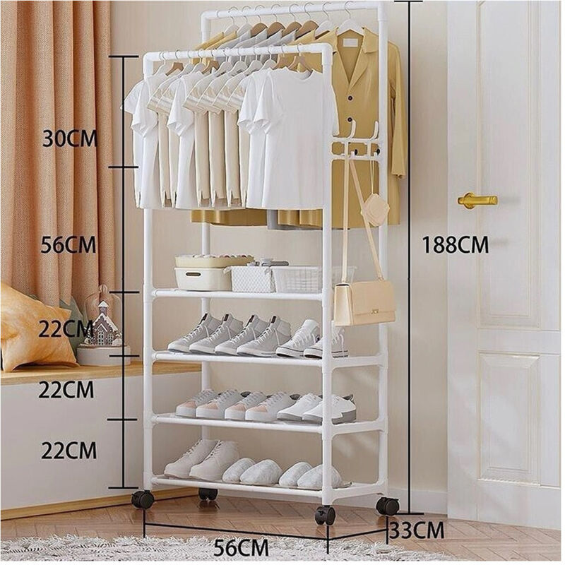 foto del prodotto trade shop stand appendiabiti doppio con ruote da terra per abiti scarpe salvaspazio bianco 