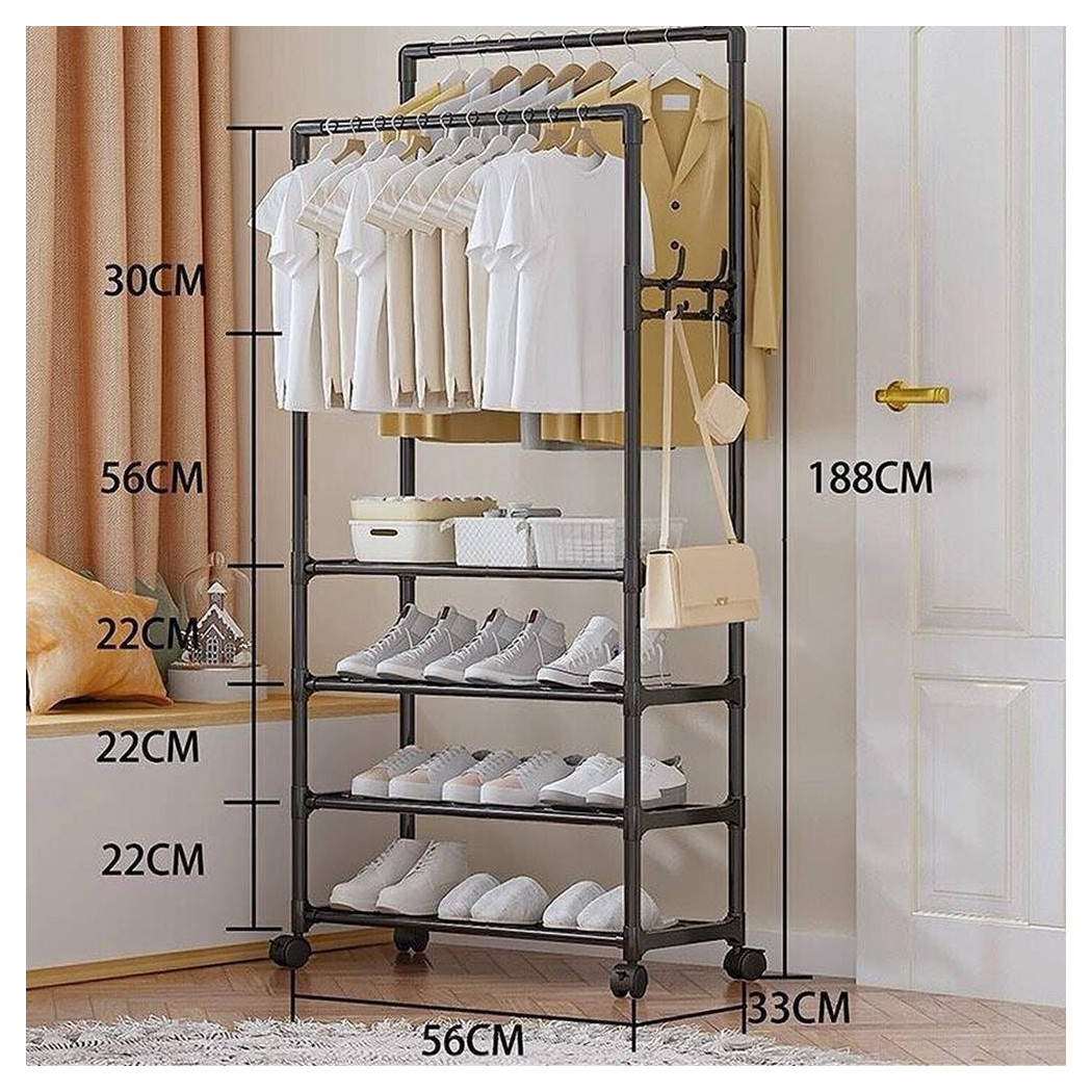 foto del prodotto trade shop stand appendiabiti doppio con ruote da terra per abiti scarpe salvaspazio nero 