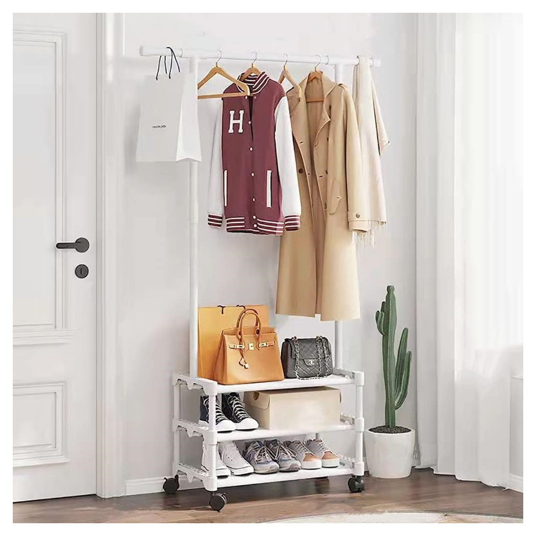 foto del prodotto trade shop stand appendiabiti in metallo con ruote attaccapanni con ripiani asta 56x35x165cm bianco