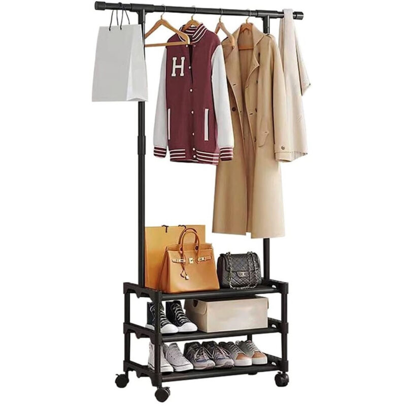 foto del prodotto trade shop stand appendiabiti in metallo con ruote attaccapanni con ripiani asta 56x35x165cm nero