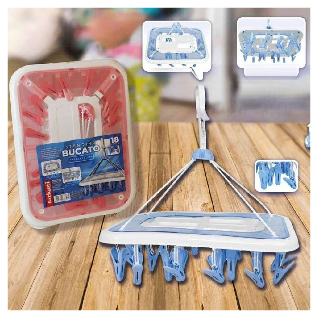 foto del prodotto trade shop stendino bucato in plastica 18 pinze rettangolare biancheria asciugatura 38306 