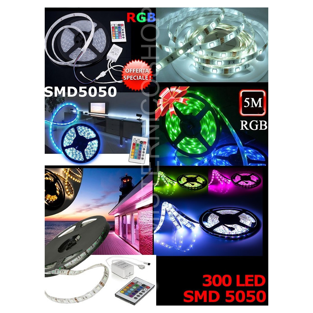 foto del prodotto trade shop striscia led colorata rgb 5m smd5050 impermeabile con alimentatore e telecomando 