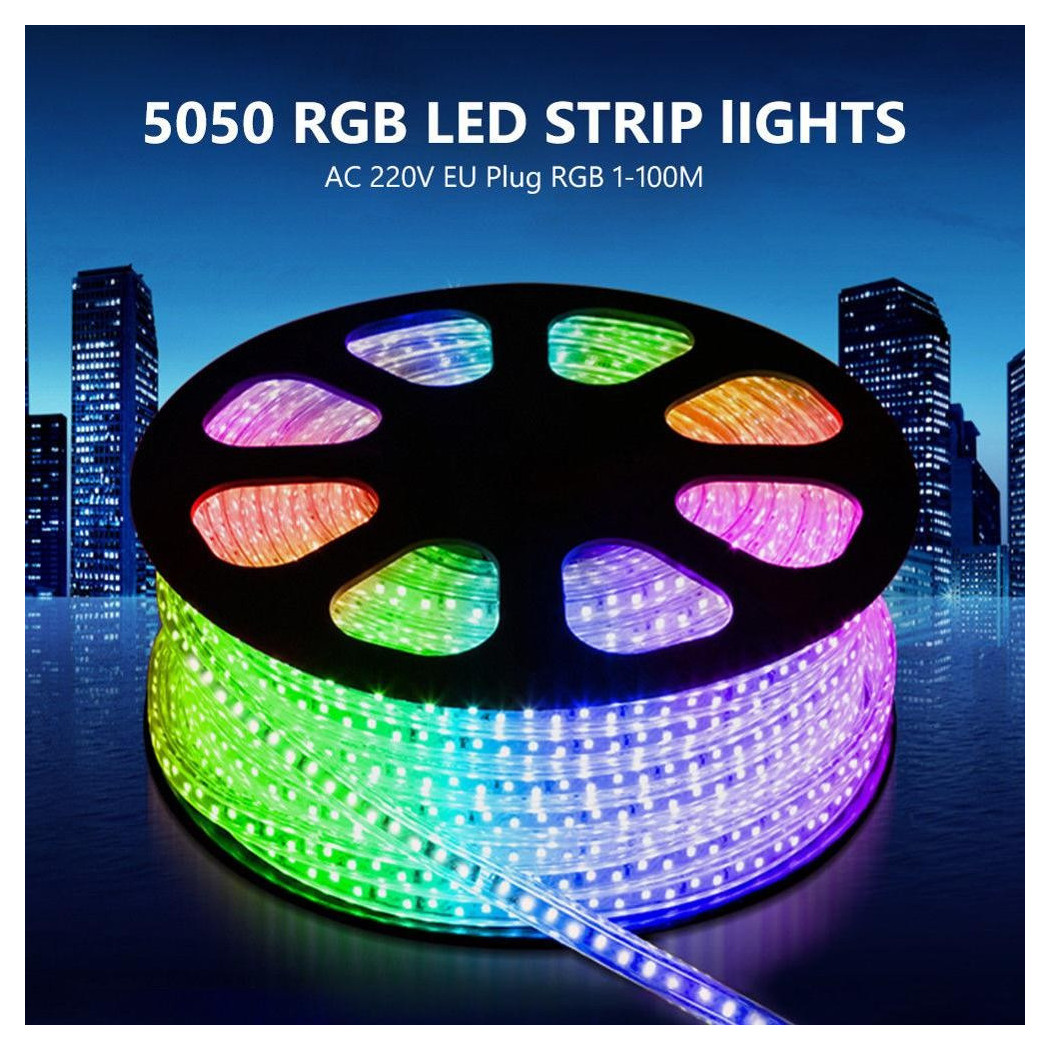 foto del prodotto trade shop striscia strip led bobina smd 5050 rgb con spina 220v tubo per esterno da 100 mt 