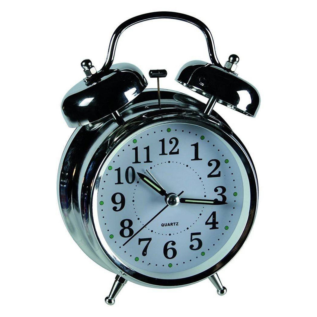 foto del prodotto trade shop sveglia in metallo cromato orologio analogico a batteria da tavolo 18 x 12 cm 