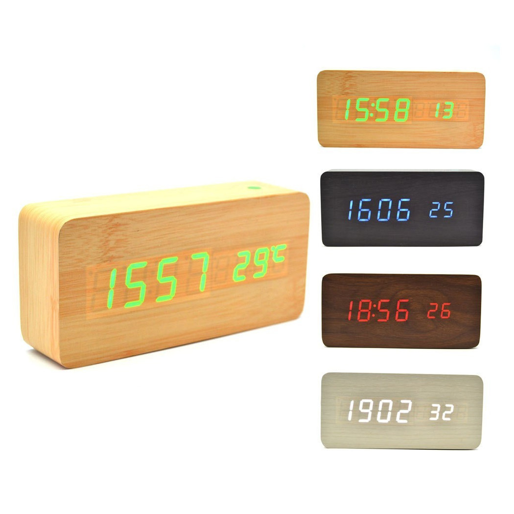 foto del prodotto trade shop sveglia orologio wooden light led digital alarm clock calendario termometro 