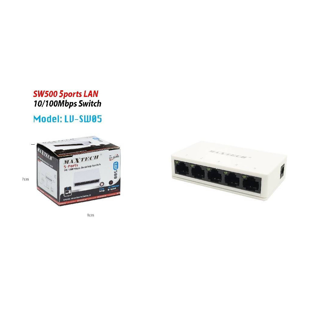 foto del prodotto trade shop switch desktop 5 porte lan sw500 10 100mbps facile installazione maxtech lv sw05 