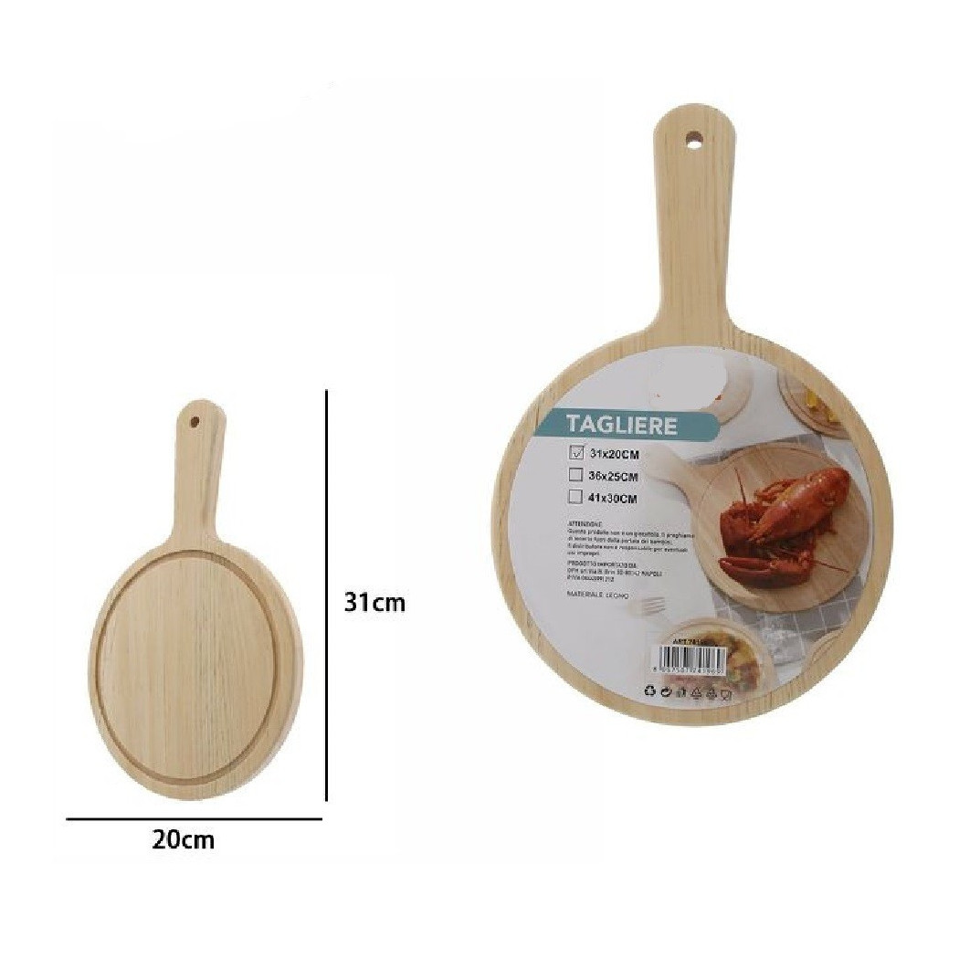 foto del prodotto trade shop tagliere legno rotondo affetta pane salumi carne pizza con manico 31x20cm 74196 