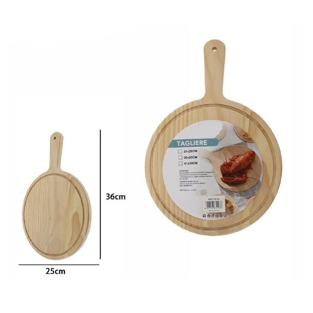 foto del prodotto trade shop tagliere legno rotondo affetta pane salumi carne pizza con manico 36x25cm 74197 