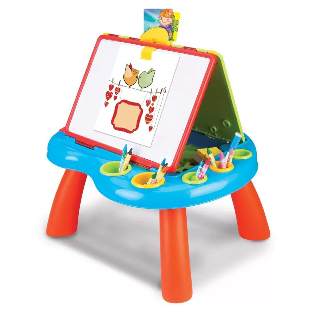 foto del prodotto trade shop tavolo con doppia lavagna per bambini scomparti porta accessori puzzle e gessi 