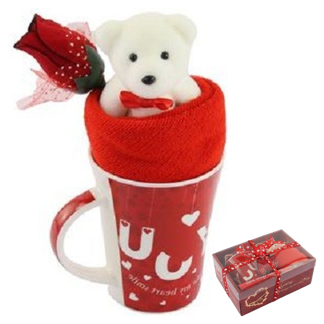 foto del prodotto trade shop tazza orsetto bianco in peluche fiore confezione regalo per san valentino 63298 