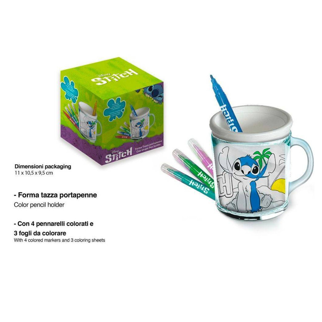 foto del prodotto trade shop tazza portapenne da colorare stitch disney bicchiere pennarelli colori regalo 