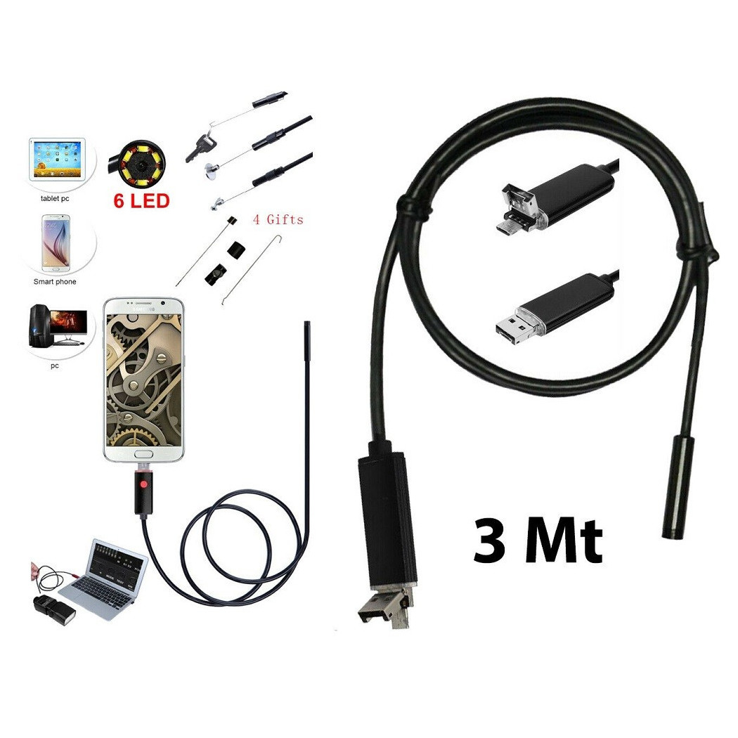 foto del prodotto trade shop telecamera endoscopica 6 led tubo flessibile usb 3 mt impermeabile ispezione 