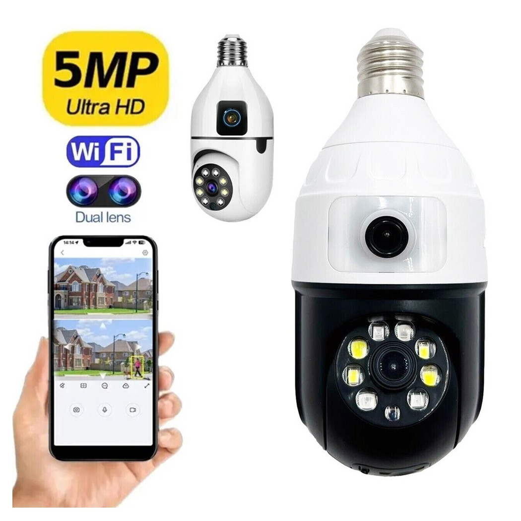 foto del prodotto trade shop telecamera wifi da interno esterno 5 mp videocamera lampadina con doppia lente 