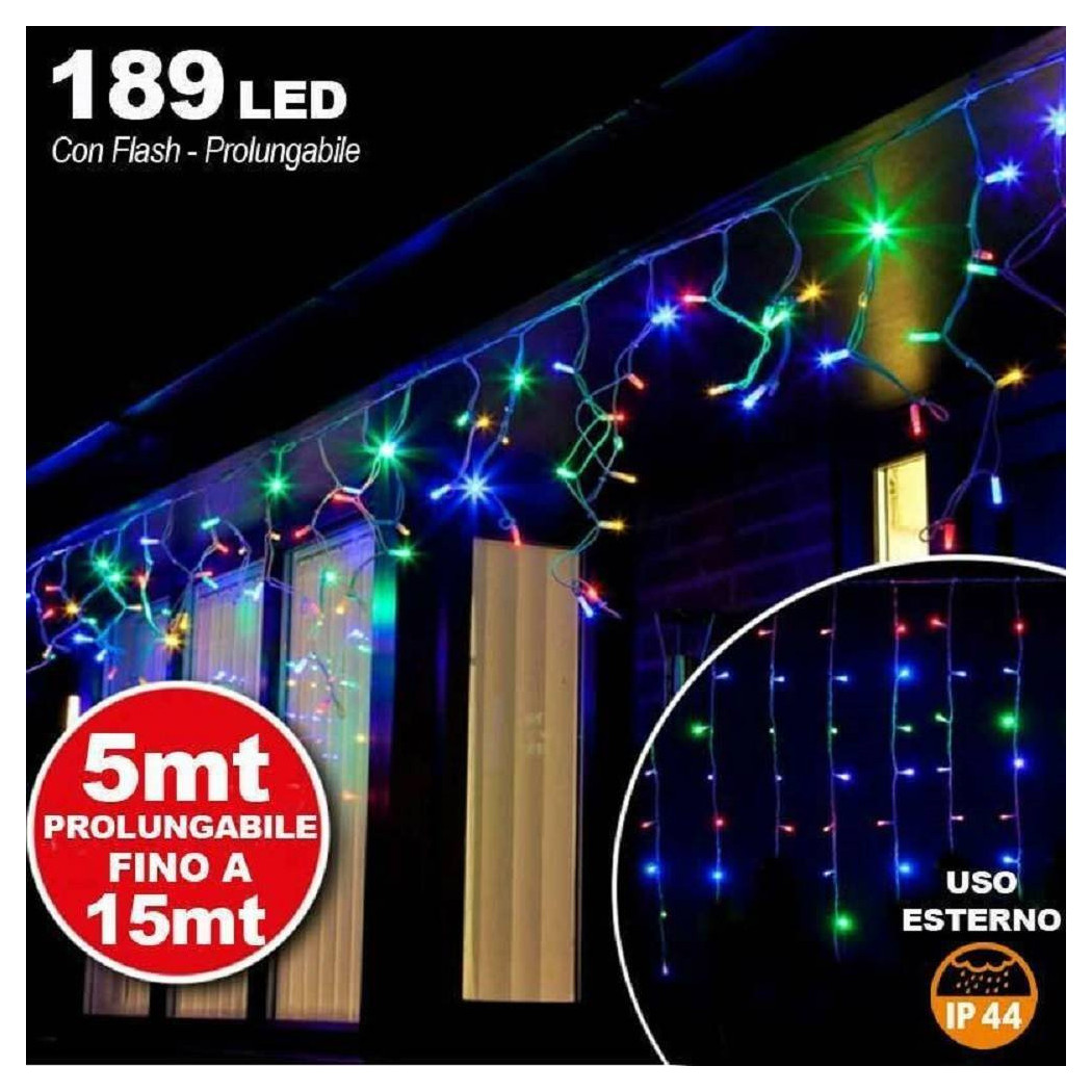 foto del prodotto trade shop tenda cascata luminosa multicolore 510x90 cm prolungabile fino a 15mt 189 led 