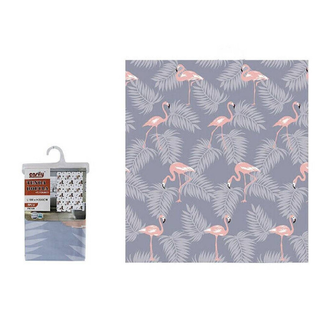 foto del prodotto trade shop tenda doccia impermeabile tessuto pvc 12 ganci in plastica fenicotteri 180x200cm 