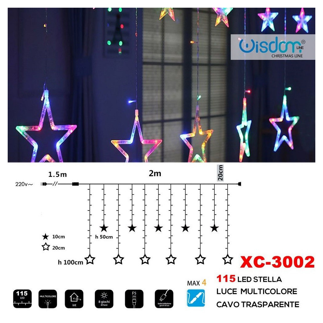 foto del prodotto trade shop tenda luminosa natalizia 115led stelle luce multicolore cavo trasparente xc 3002 