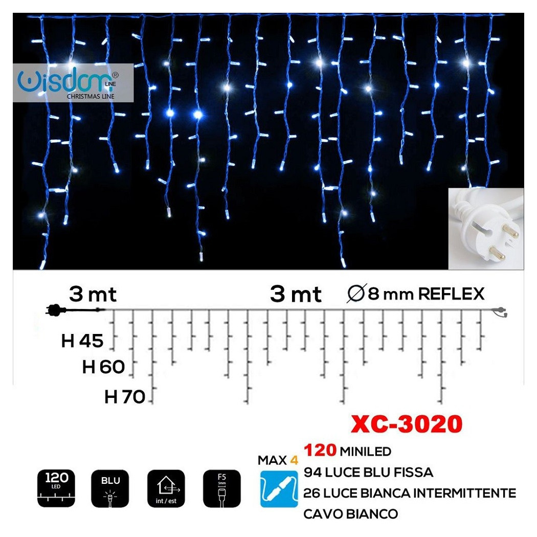 foto del prodotto trade shop tenda luminosa natalizia 120 led luce blu fissa bianca intermittente xc 3020 