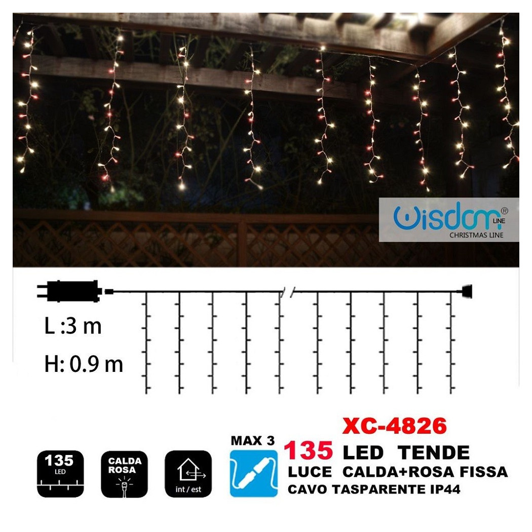 foto del prodotto trade shop tenda luminosa natalizia 135led luce calda rosa fissa cavo trasparente xc 4826 