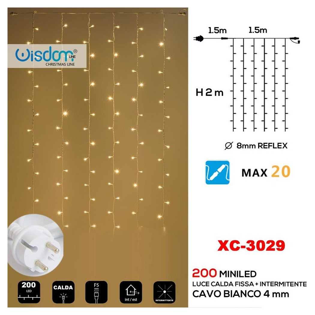 foto del prodotto trade shop tenda luminosa natalizia 200 led luce calda fissa bianca intermittente xc 3029 