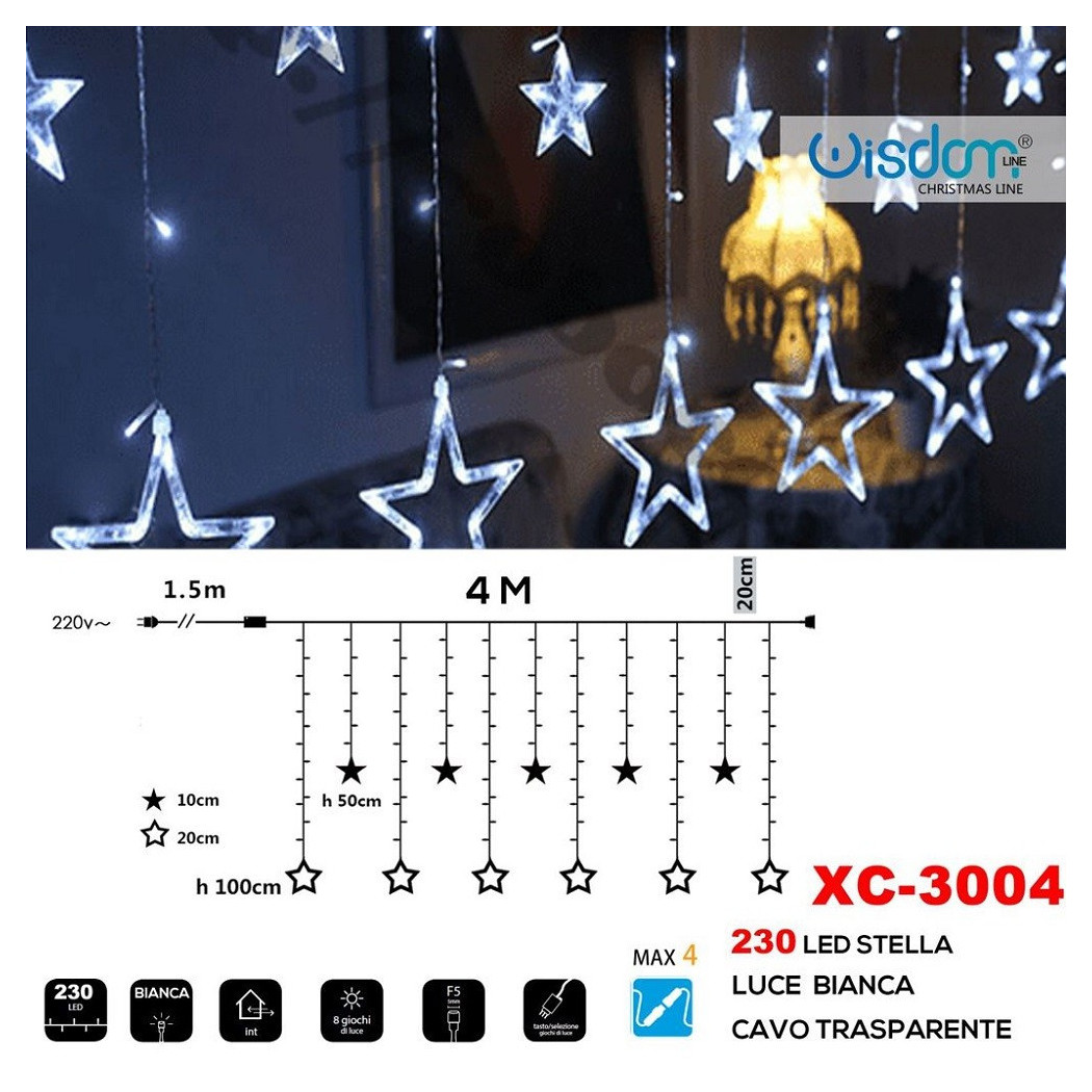 foto del prodotto trade shop tenda luminosa natalizia 230 led con stelle luce bianca cavo trasparente xc 3004 