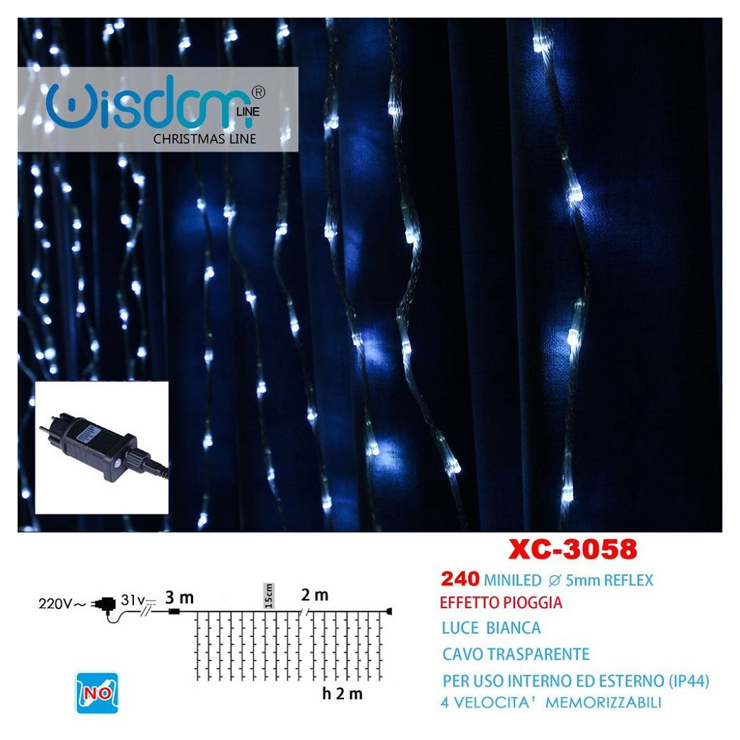 foto del prodotto trade shop tenda luminosa natalizia 240 mini led effetto pioggia luce bianca ip44 xc 3058 