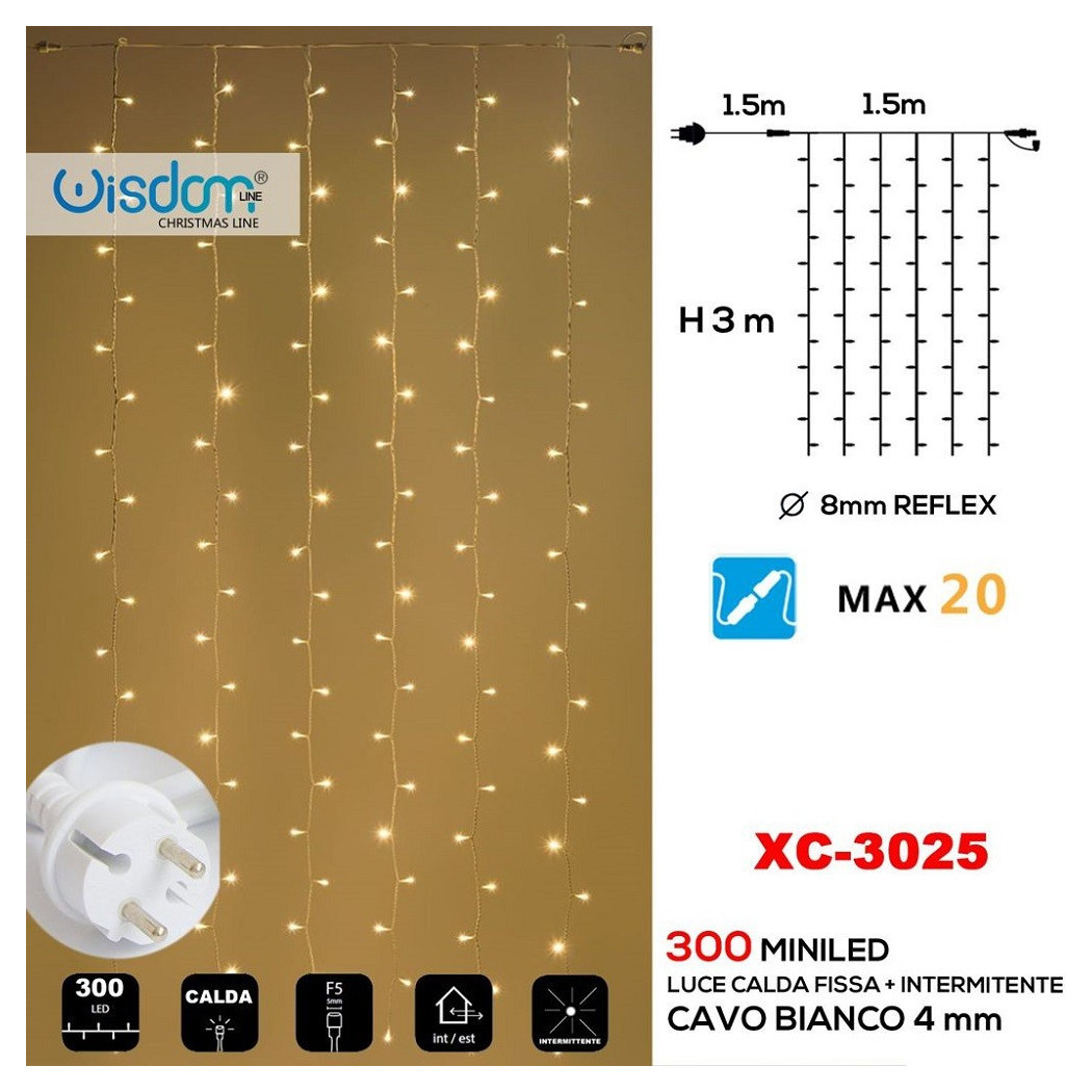 foto del prodotto trade shop tenda luminosa natalizia 300 led luce calda fissa bianca intermittente xc 3025 