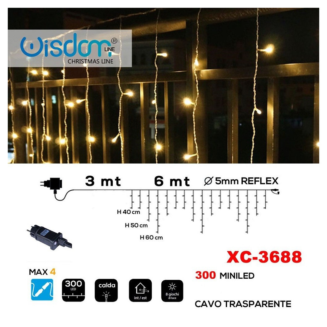 foto del prodotto trade shop tenda luminosa natalizia 300 mini led luce calda cavo trasparente xc 3688 