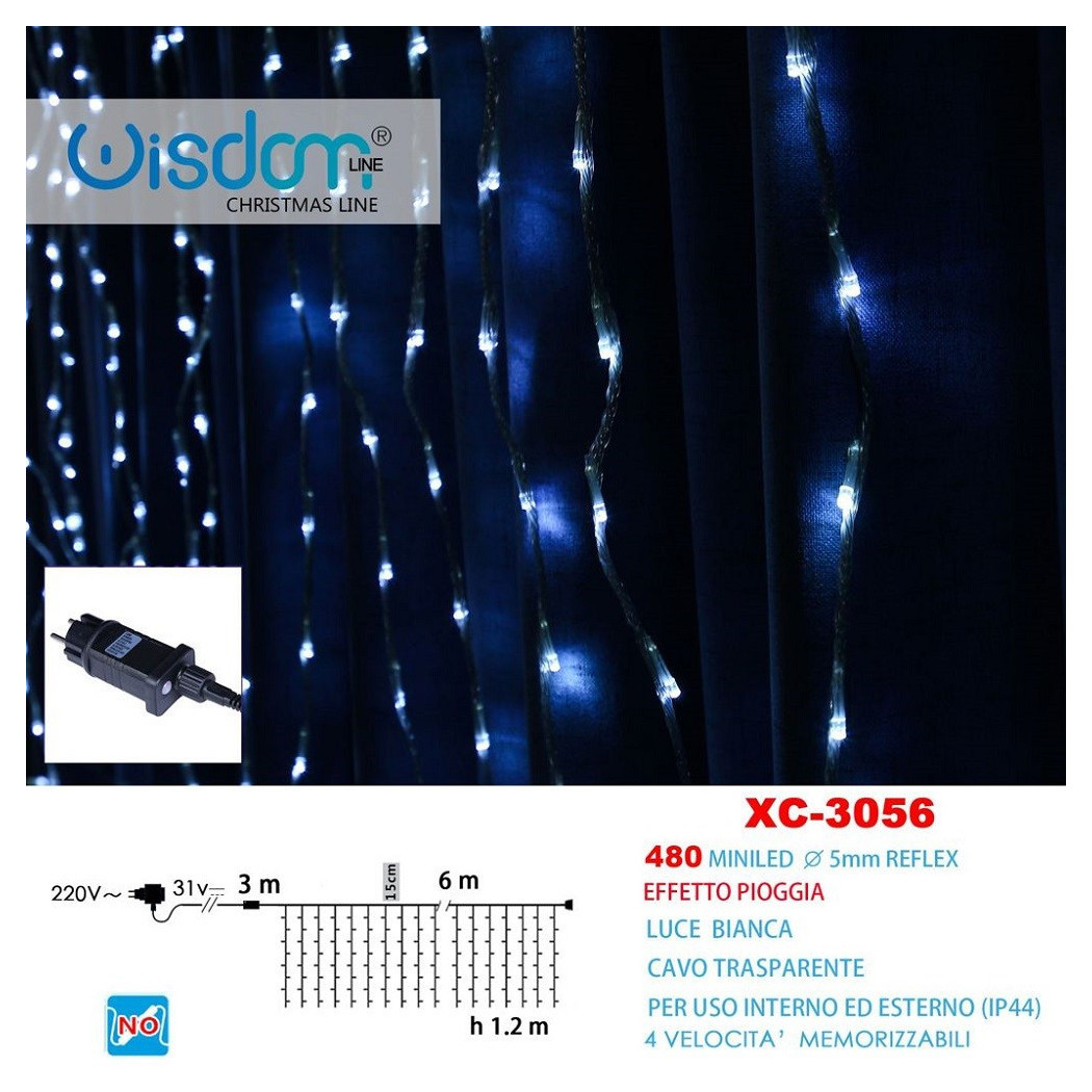 foto del prodotto trade shop tenda luminosa natalizia 480 mini led effetto pioggia luce bianca ip44 xc 3056 