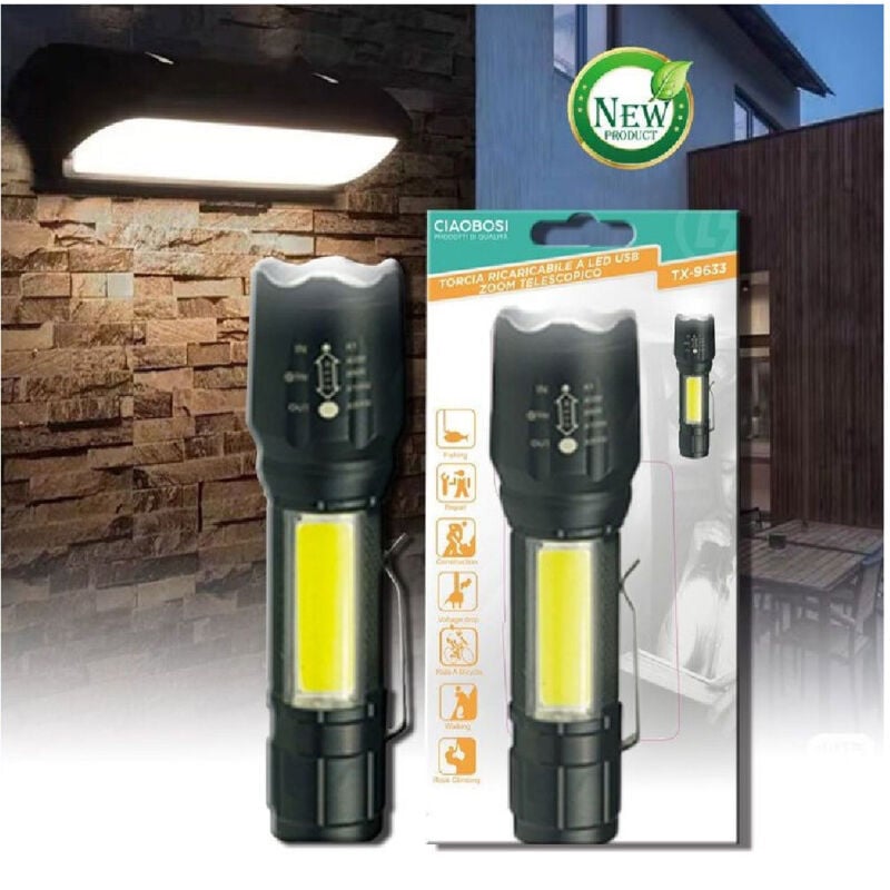 foto del prodotto trade shop torcia tattica usb ricaricabile a led zoom telescopico escursioni pesca tx 9633 