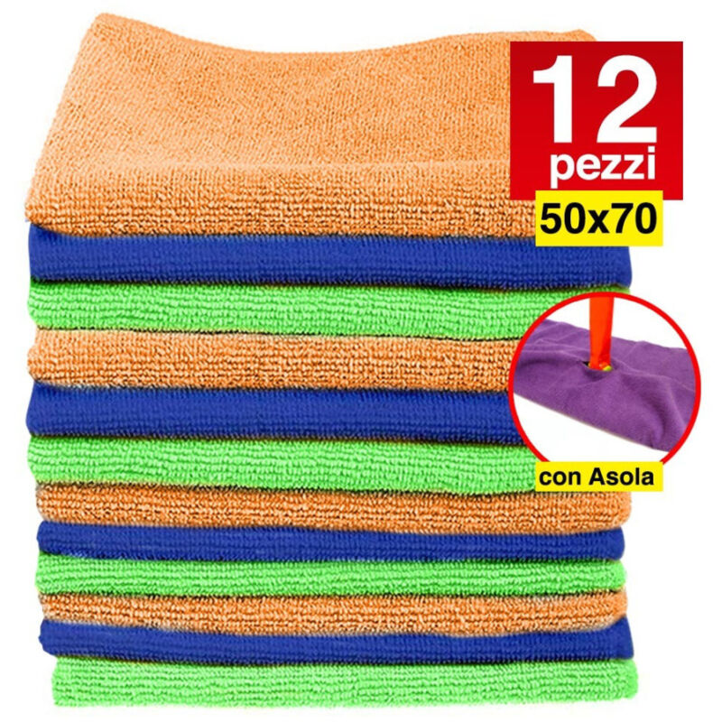 foto del prodotto trade shop traesio 12 panni microfibra 50x70cm panno pulizia multiuso lava pavimenti con asola 