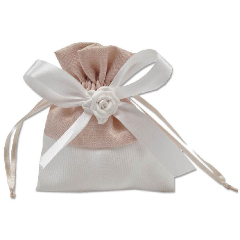 foto del prodotto trade shop traesio 12 sacchetti stoffa porta confetti rosa bianca matrimonio battesimo bomboniera beige
