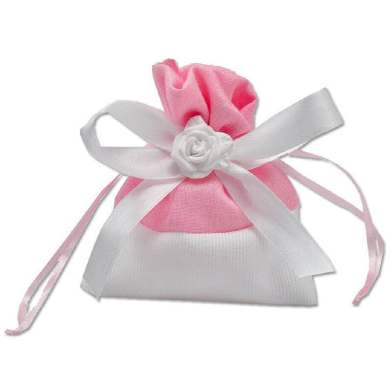 foto del prodotto trade shop traesio 12 sacchetti stoffa porta confetti rosa bianca matrimonio battesimo bomboniera rosa