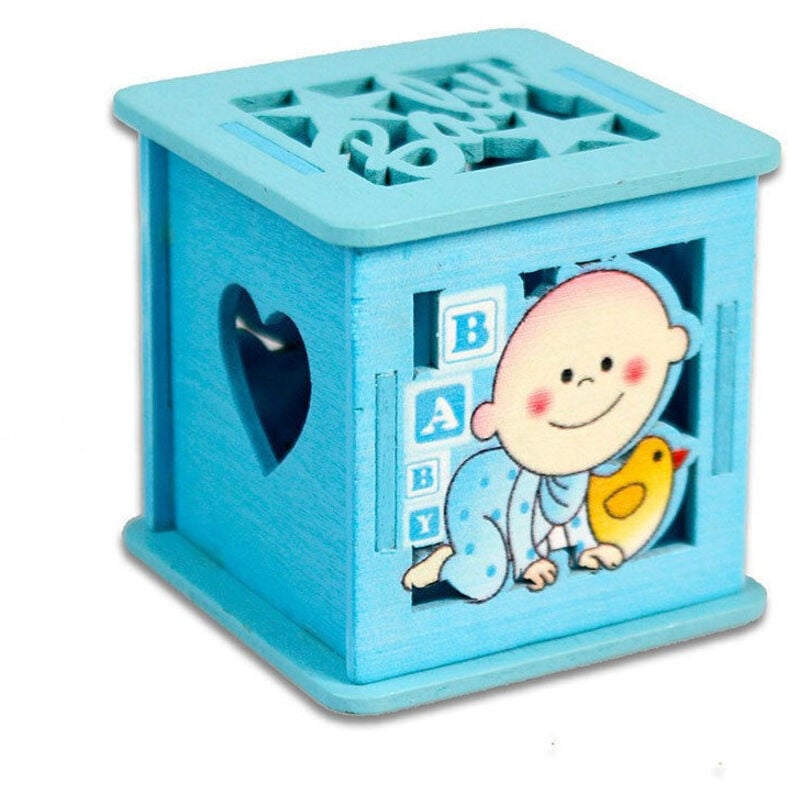 foto del prodotto trade shop traesio 12 scatolina portaconfetti in legno bomboniera nascita battesimo azzurro maschio 