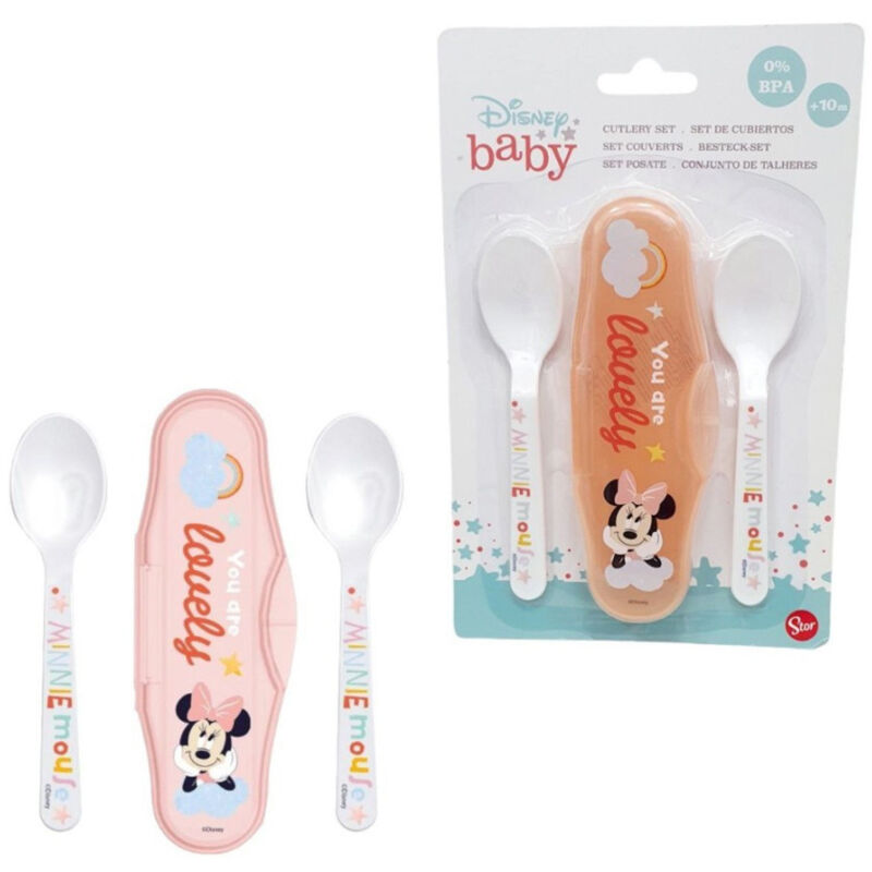 foto del prodotto trade shop traesio 2 cucchiai per bambini prima pappa minnie mouse rosa con astuccio per bambini 